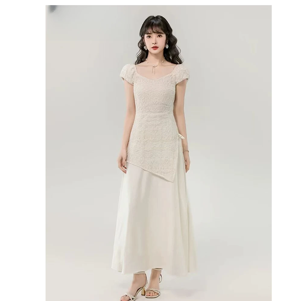 蕾丝不规则假两件短袖连衣裙女设计感小众气质通勤长裙子HJ-2046