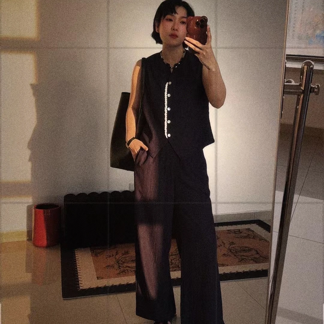 2025夏季新款气质老钱风老奢单排扣轻薄马甲女套装裤子