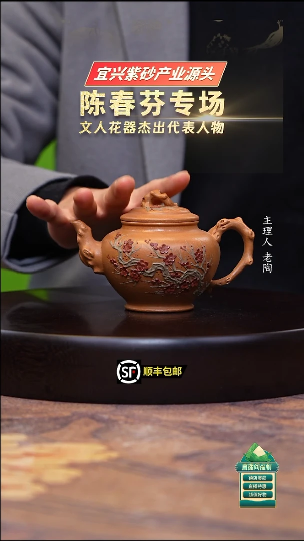 茶壶紫砂老段泥梅花堆绘报春250cc