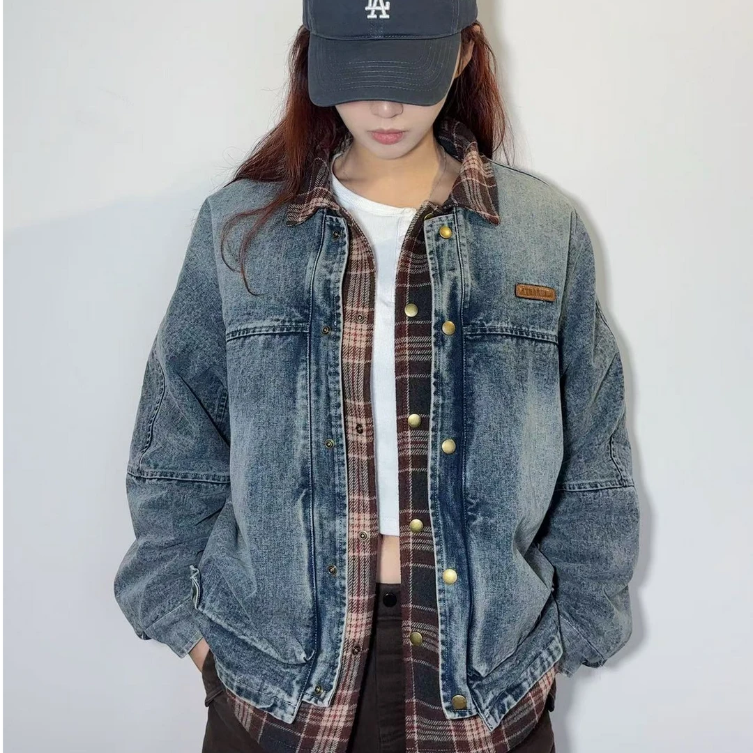夹克拼接冬季格子印花时尚春季蓝色春秋休闲秋冬复古韩版兔绒牛仔