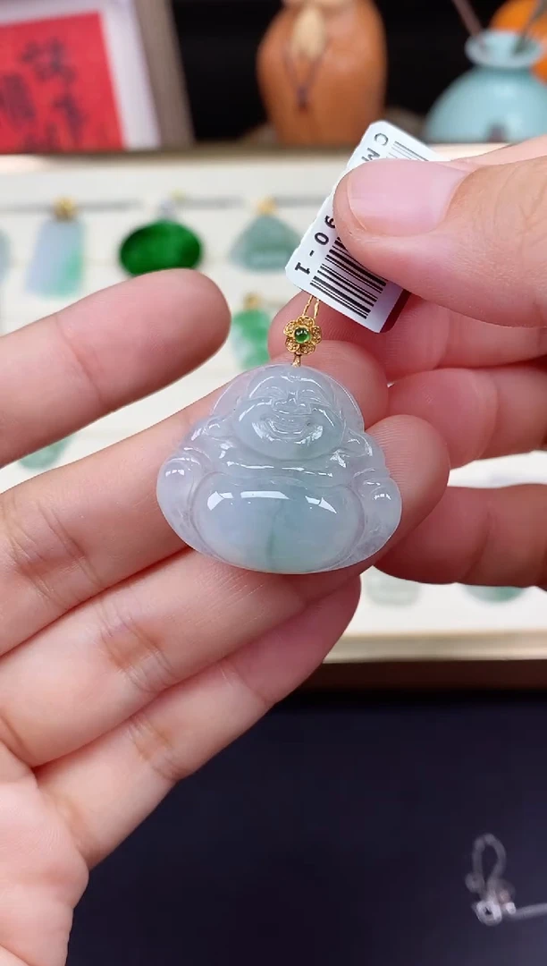 吊坠(不含链)18K金镶嵌翡翠佛公18K金扣镶嵌@@CMT1190-1