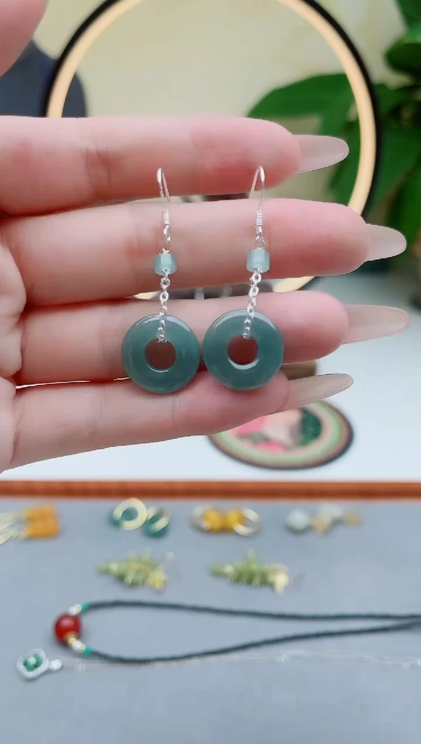 翡翠银S925镶嵌耳饰00平安扣翡翠