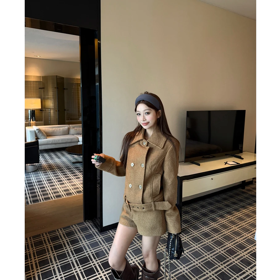 韩系时尚冬季新款经典复古双排扣翻领毛呢夹克外套+毛呢显瘦短裤