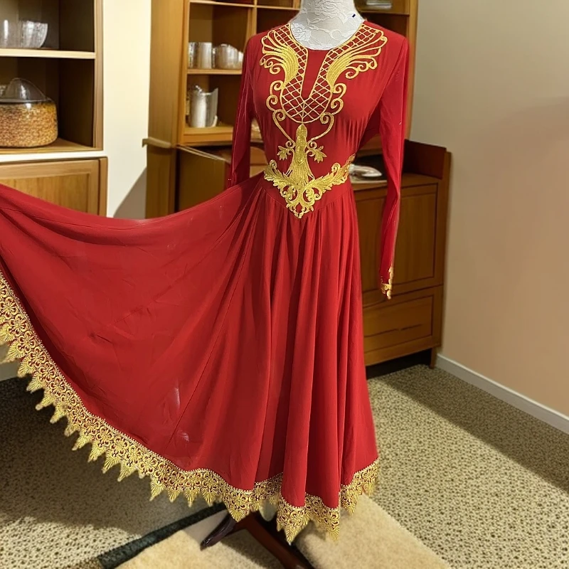 新疆民族特色刺绣舞蹈演出大摆裙长袖长款民族风新疆舞舞道裙