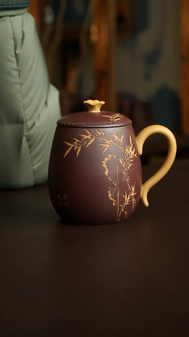 茶杯紫砂32号 李建军老师黄金段粉浆紫泥竹刻盖杯