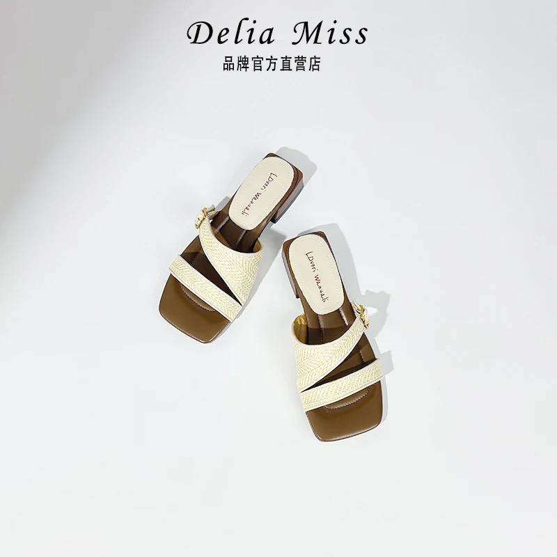 迪莉桠新款度假风编织舒适凉拖方头粗跟超软休闲百搭气质凉鞋女鞋