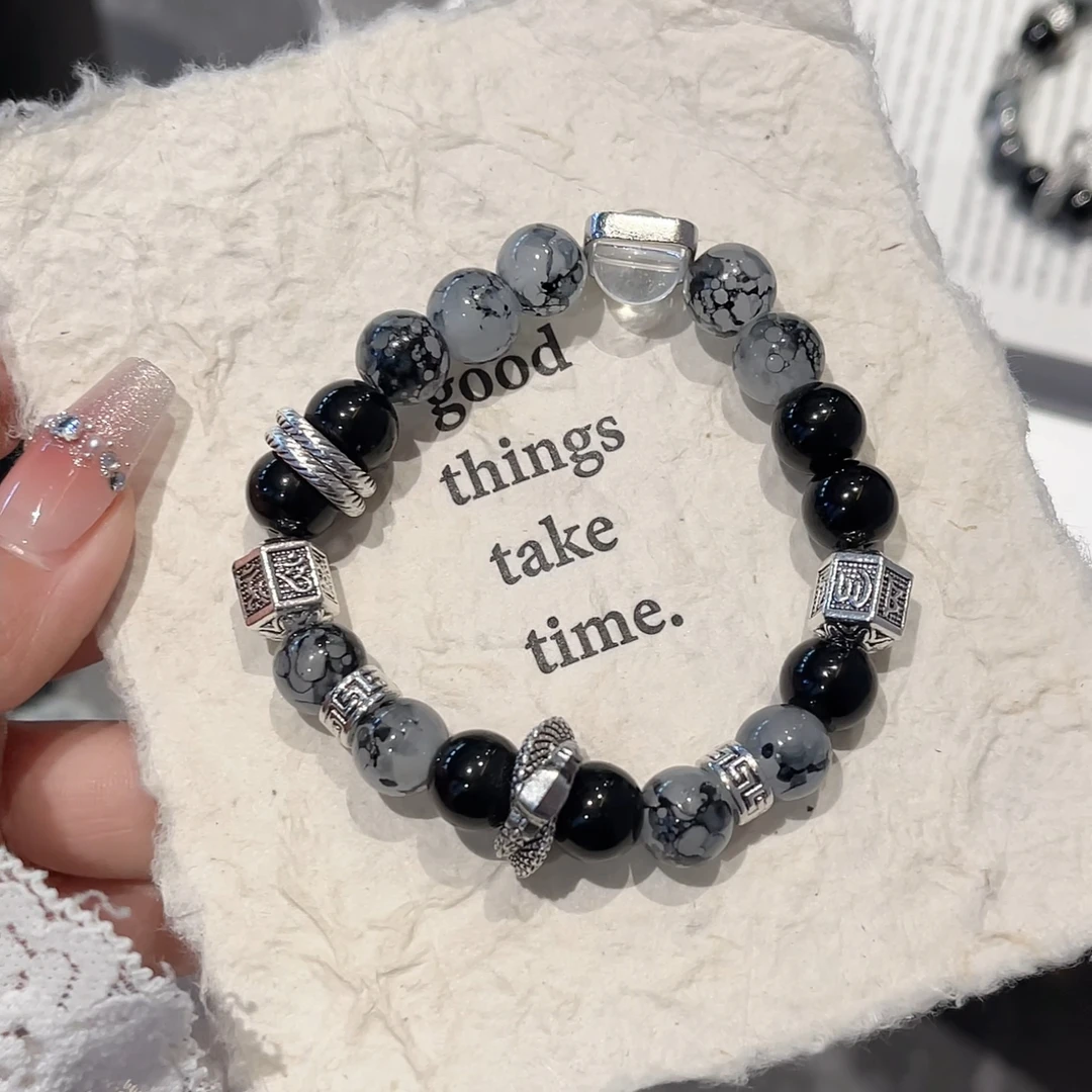 七阅 钛钢玻璃手链 龙脊玄武曜夜手工盘龙琉璃珠黑色男女通用复古