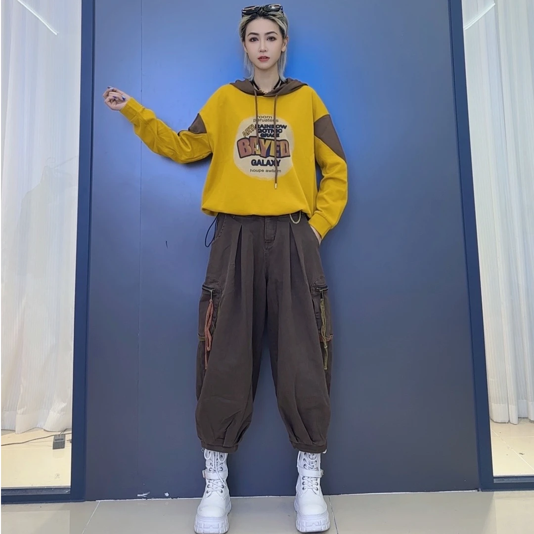 韩版拼接撞色时尚春款连帽卫衣-休闲百搭洋气宽松个性时髦灯笼裤