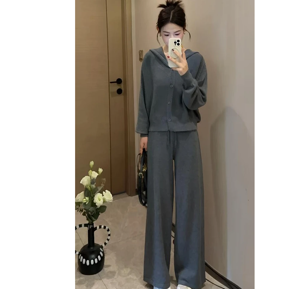 秋季新款显瘦气质慵懒风针织套装时髦设计师连帽上衣休闲裤两件套