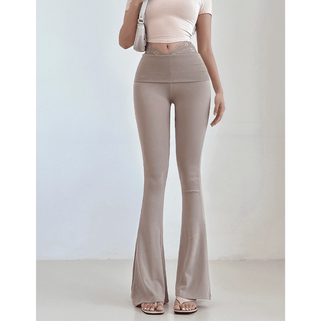 性感蕾丝拼接V腰修身微喇裤女春夏新款时尚高腰显瘦百搭长裤