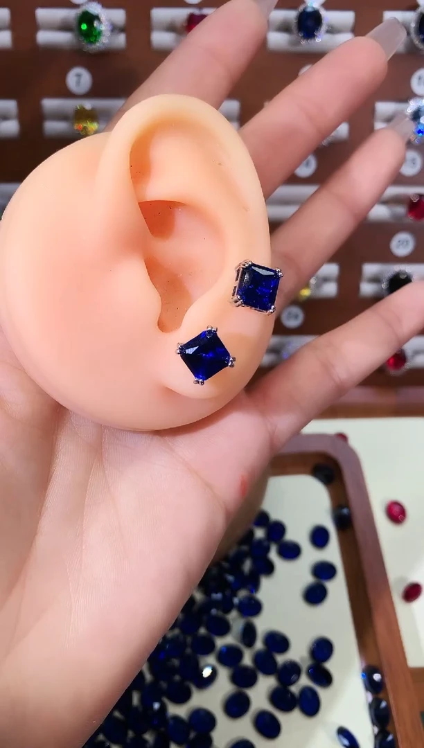 耳饰蓝宝石银S925镶嵌8银色