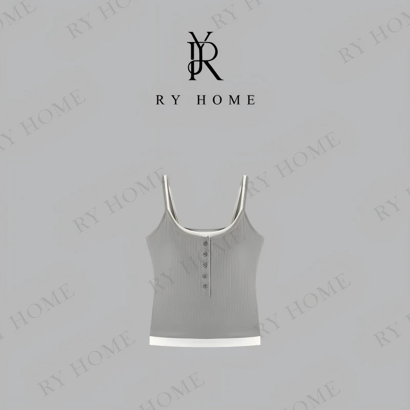 【容雨RYHOME】免bra假两件撞色坑条纽扣吊带背心252BX0089