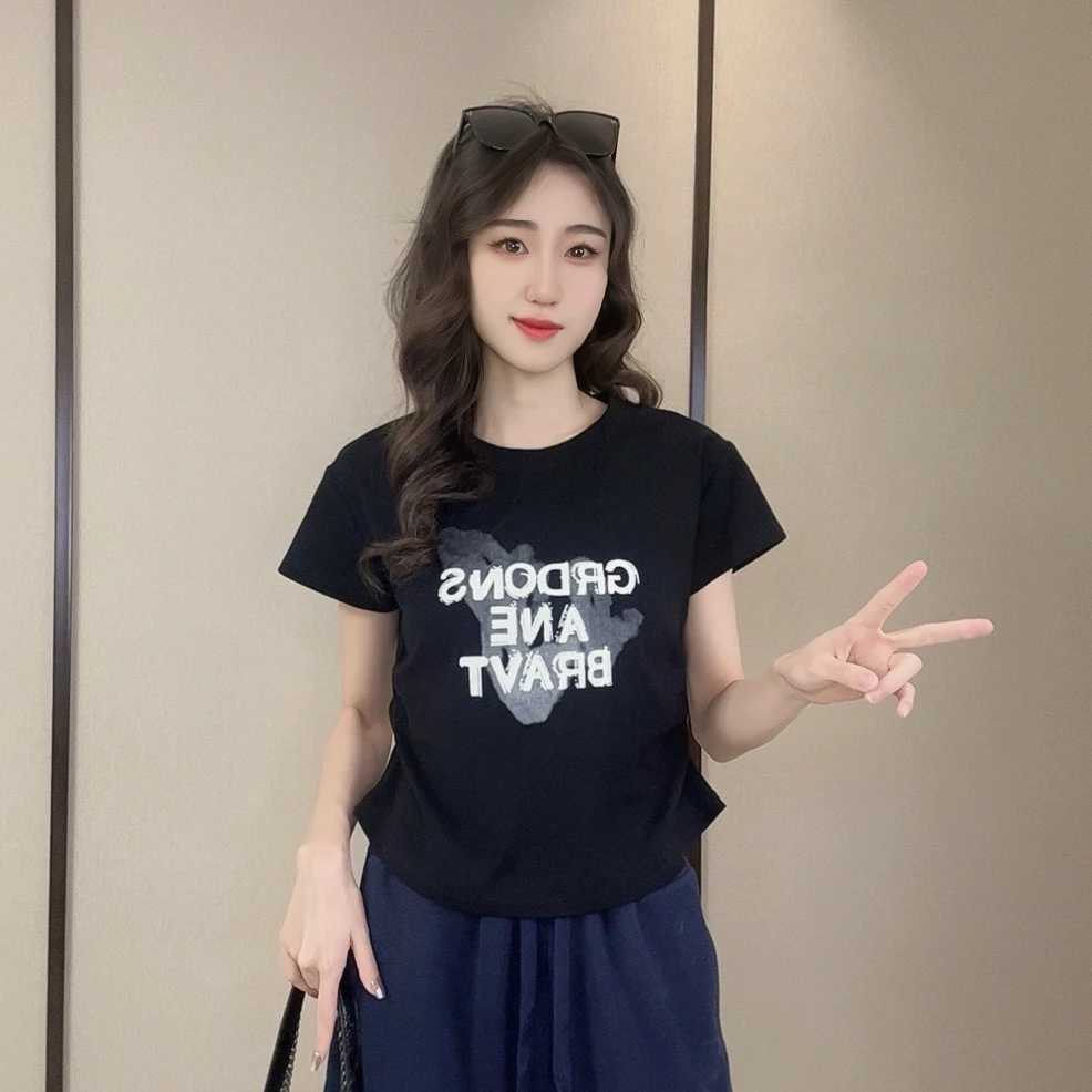 印花三排字母短袖T恤显瘦运动高腰时尚休闲夏季圆领宽松短款打底