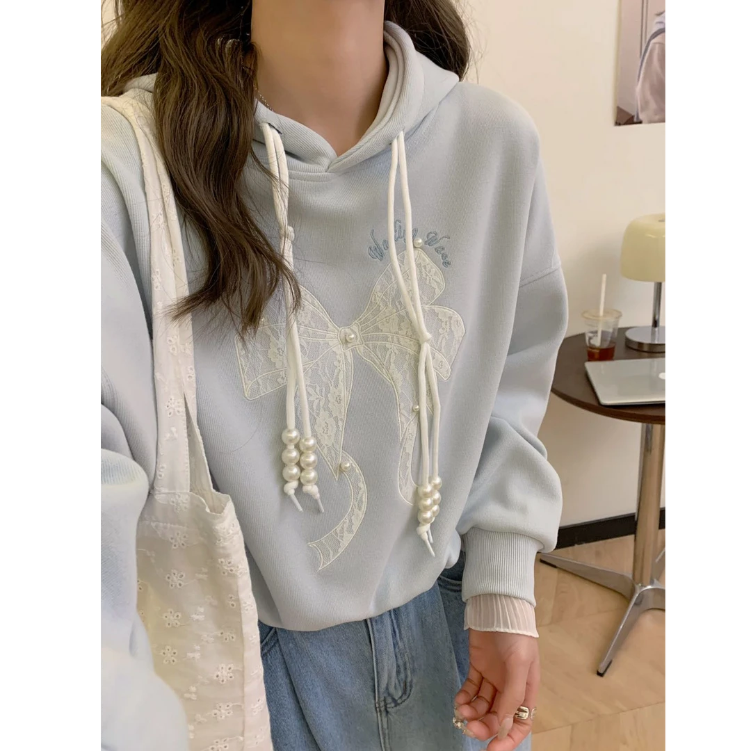 朵儿定制 蝴蝶结蕾丝钉珠连帽卫衣IN17