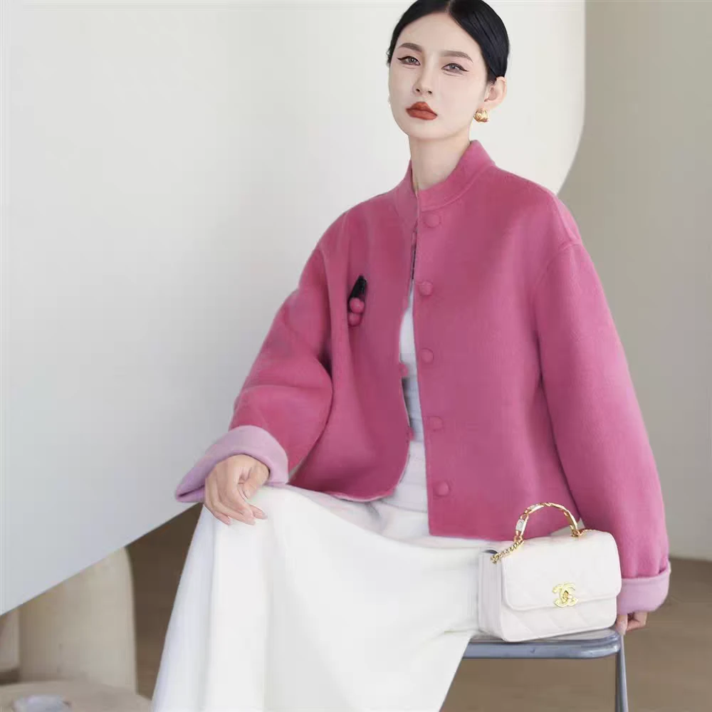 2025秋冬新款中式短款国风毛呢外套大衣羊毛小个子双面荔枝