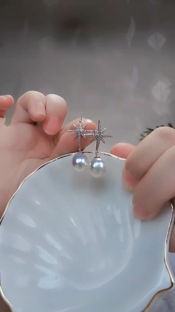 银S925镶嵌淡水珍珠耳饰爱迪生六芒星耳环
