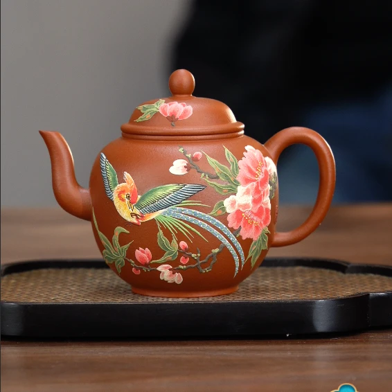 9143宜兴原矿茶具紫砂壶粗砂朱泥捂灰堆绘碧桃花鸟壶YST280ml左右