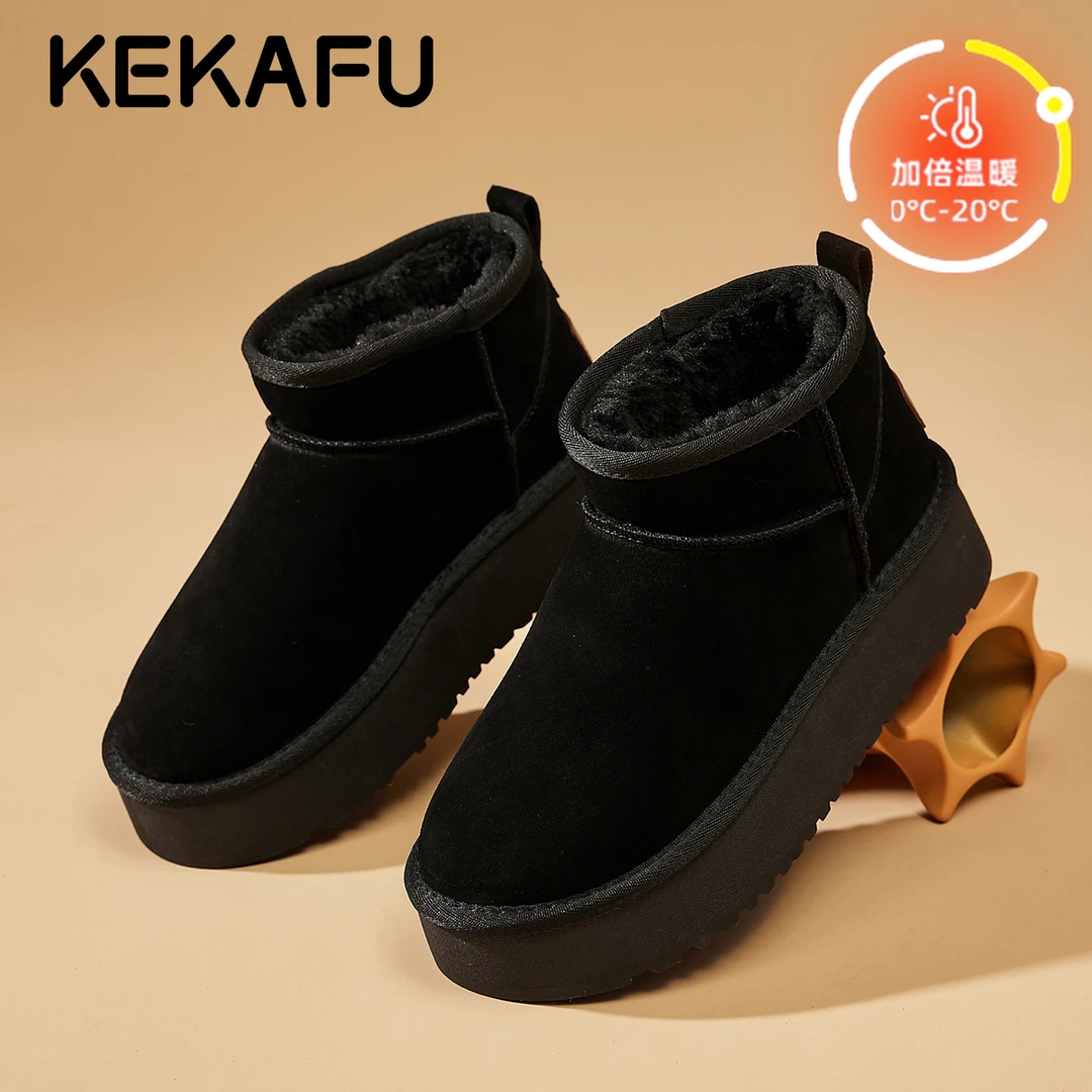 珂卡芙冬季保暖不冻脚加绒加厚女棉鞋2025冬季新款真皮黑色雪地靴