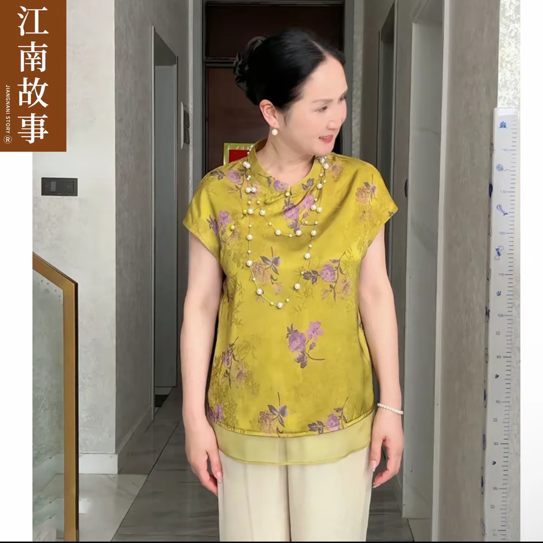 2025妈妈夏季薄款气质中老年女装中式印花复古旗袍立领上衣两件套