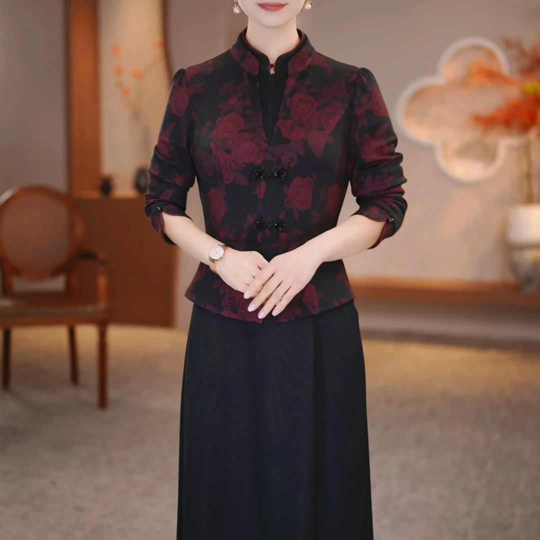 2025春秋新款假两件长袖洋气改良旗袍妈妈装连衣裙（飞）OY-Z252016