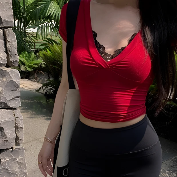 胖mm炸街遮肚上衣微胖女生穿搭纯欲辣妹蕾丝拼接性感显瘦遮肉短袖