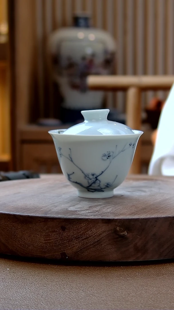 【闪购商品】翰文堂青白梅花高足盖碗（微瑕）