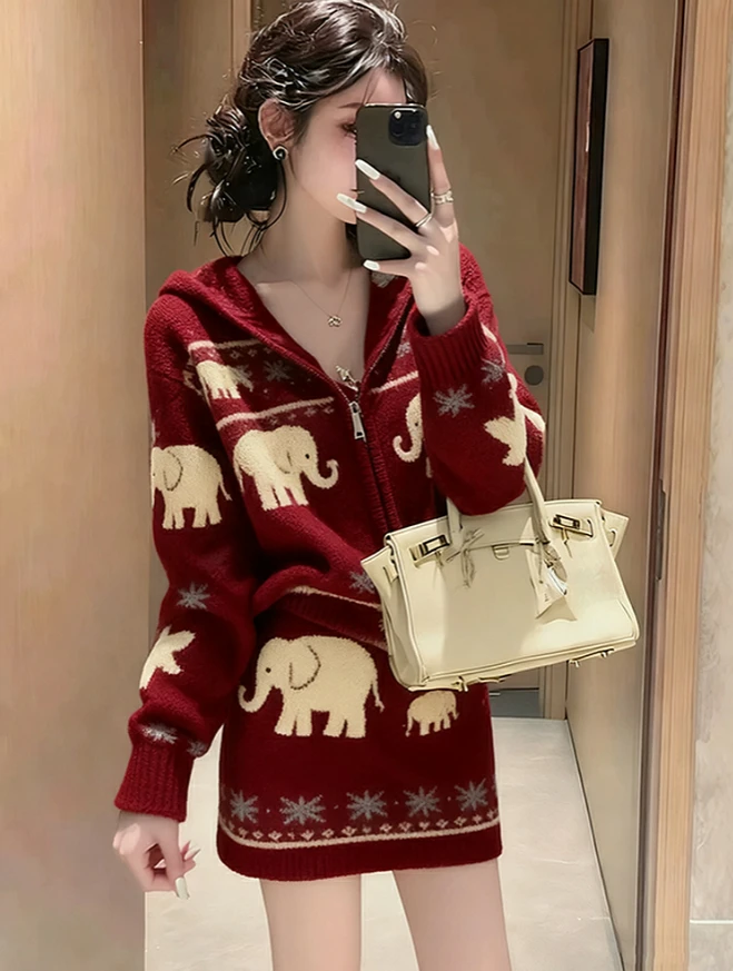 慵懒风红色针织提花套装女2025新款秋冬减龄穿搭上衣半身裙两件套