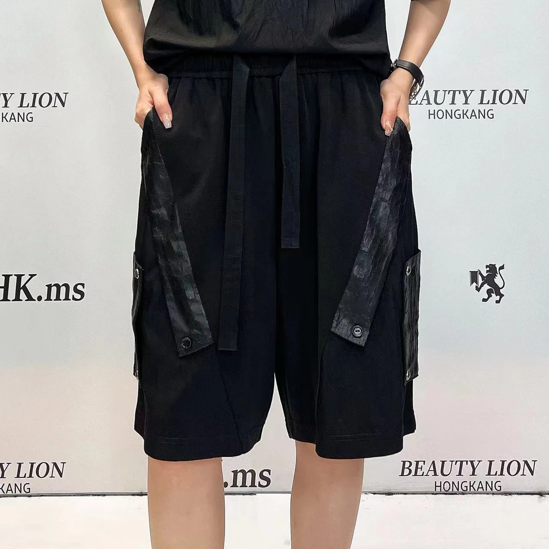 H·K【暗金༒系列】美獅潮牌原创时尚高定抽绳拼接设计百搭休闲短裤