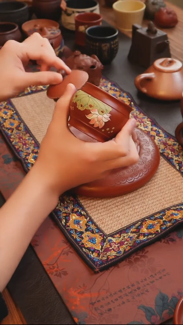 茶杯紫砂见素造器朱泥彩色荷叶莲花缸杯