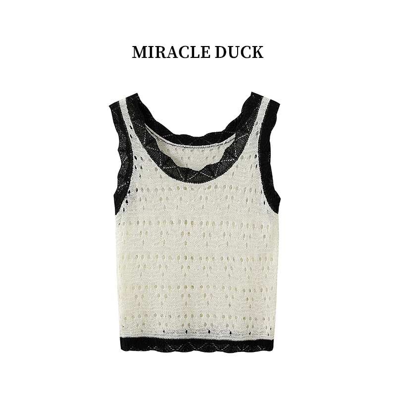 2号【】时尚通勤薄款镂空拼接低圆领针织无袖背心女士C1666