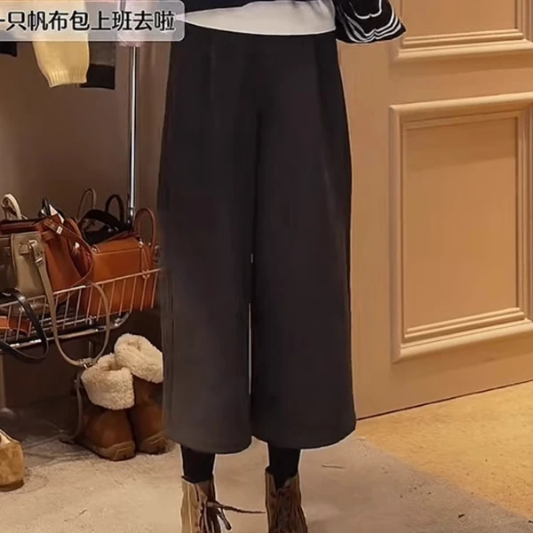欧纪儿女装鸥同款高腰阔腿奶奶裤女秋冬季毛呢灰色小个子休闲裤子