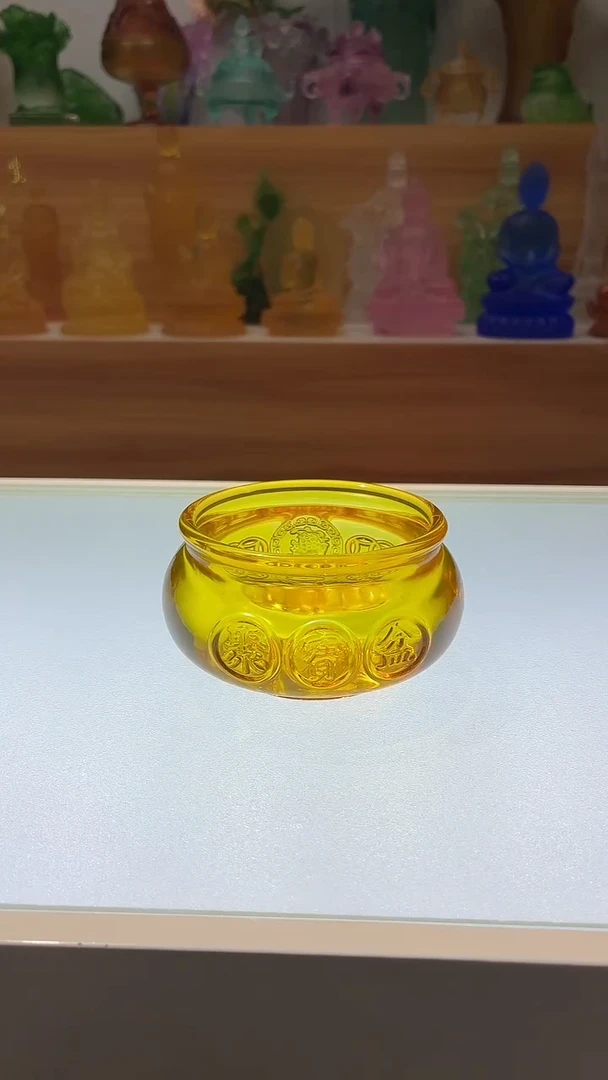 琉璃手工艺品琥珀色聚宝盆10公分