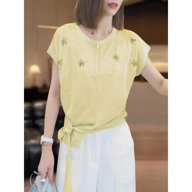 小香风轻奢亮片镶钻绑带短袖T恤针织衫女夏新款时尚显瘦减龄上衣