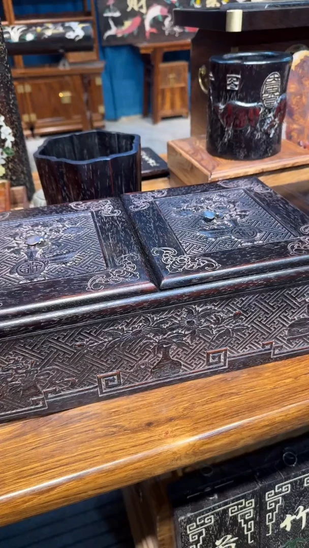 木紫檀雕刻双盖盒子邵氏紫檀木艺