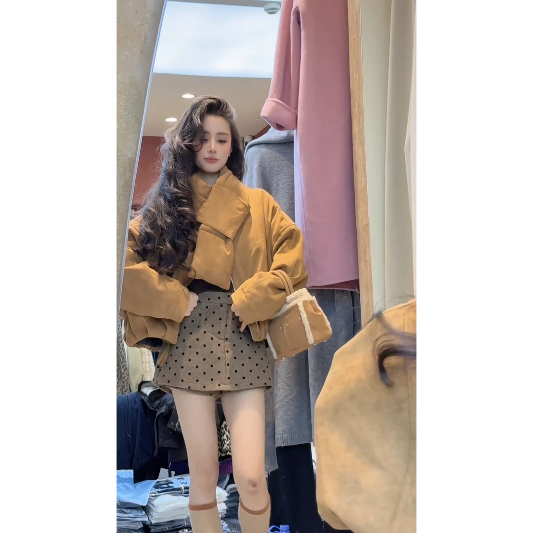 2024秋冬新款美式复古棉服短款围脖时尚夹克外套搭波点半身裙套装