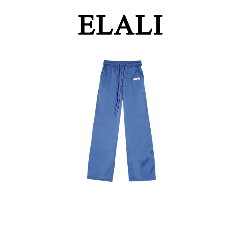 ELALI 时尚百搭街头时尚纯色高腰休闲裤3037蓝
