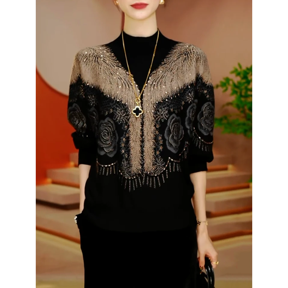 高奢时尚气质烫钻羊毛衫女2025秋冬新款抗起球减龄洋气宽松针织衫