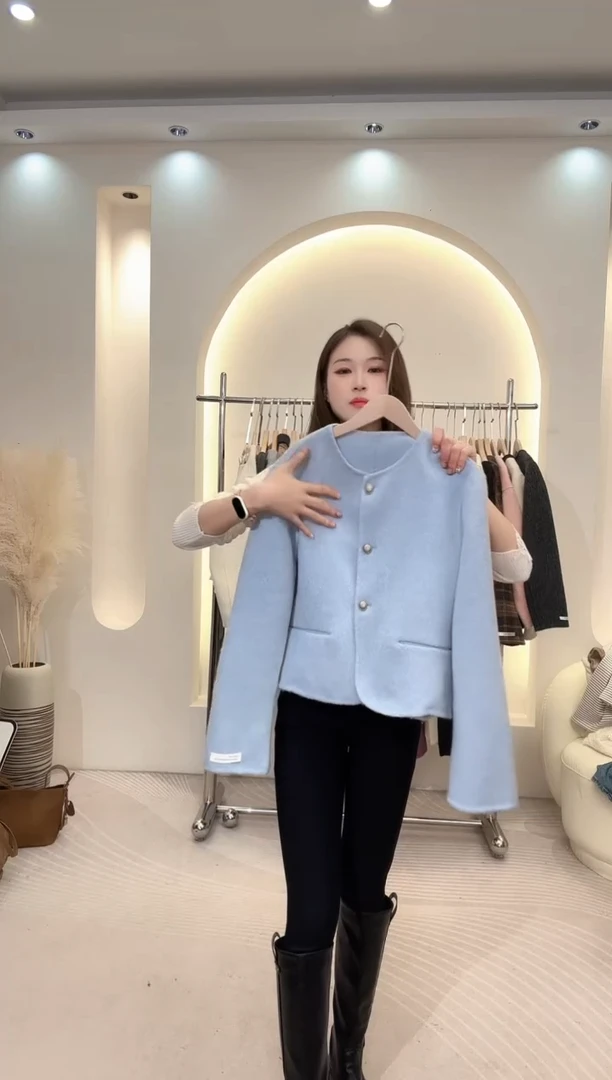 澳洲超细长毛短款羊绒大衣100羊毛