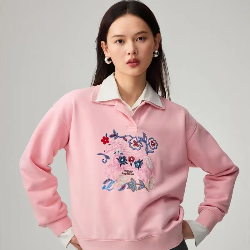 E&P精梳棉半开Polo领倒T廓形短款卫衣休闲女士翻领百搭时尚宽松