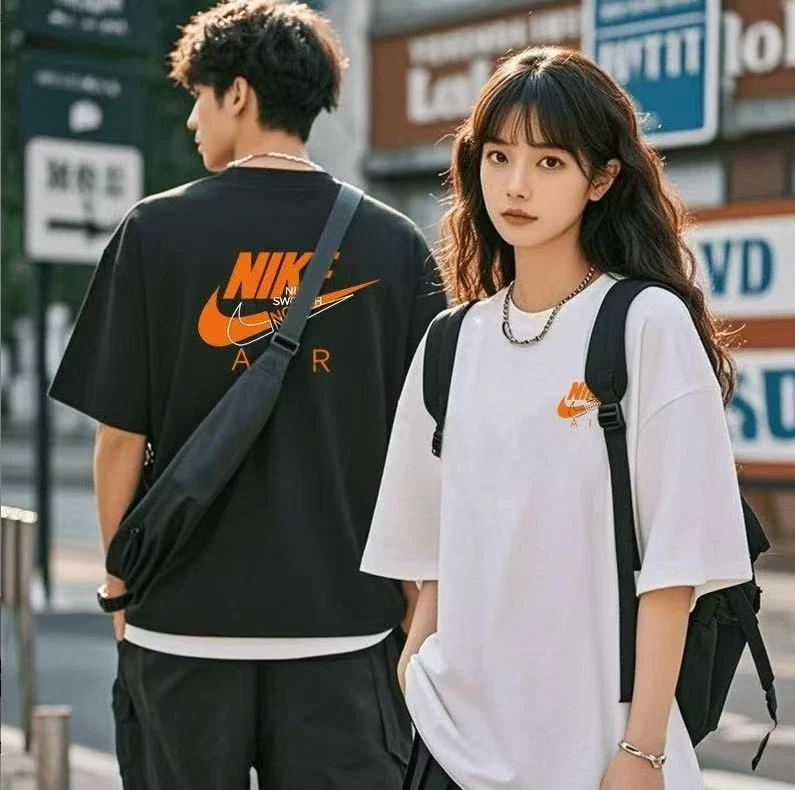 023潮牌联名款潮牌T恤男女同款时尚百搭圆领印花t恤短袖前后橙勾