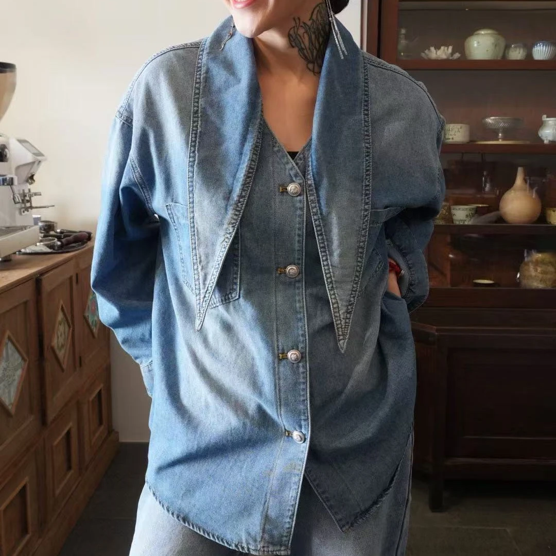 85010飘带系牛仔衬衫深蓝色时尚百搭复古宽松