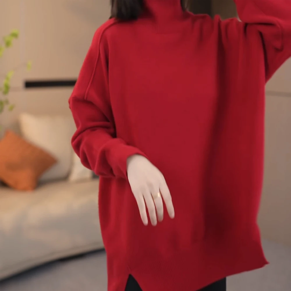 T冬季百搭针织衫高级感气质套头高领毛衣女慵懒风纯色百搭上衣