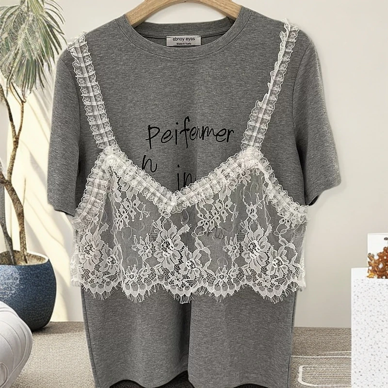 大窦窦胖妹妹大码春暖花香蕾丝拼接短袖T恤印花时尚休闲百搭上衣