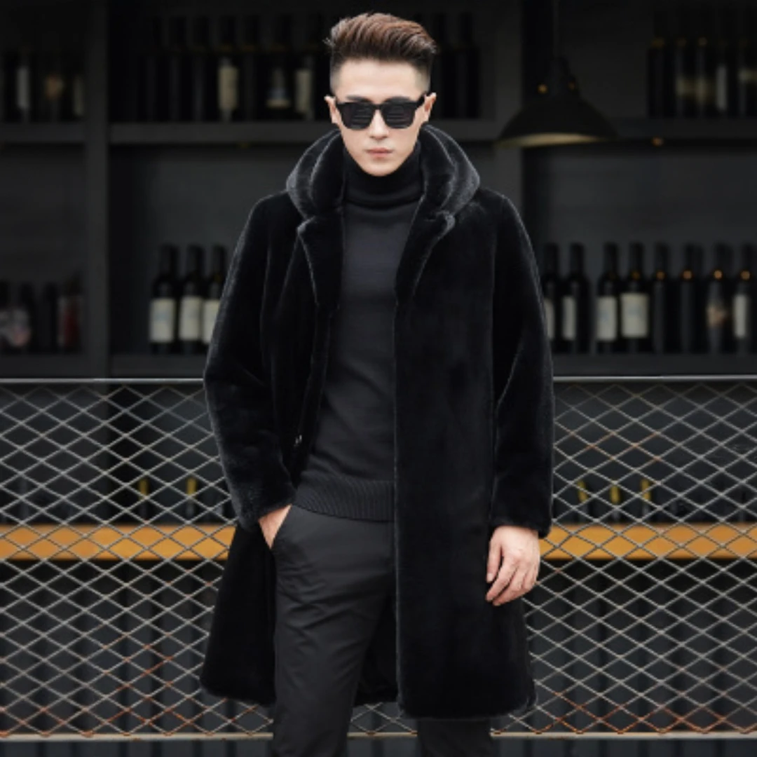 SIBONEULAT希敦纽勒貂皮大衣男中长款貂绒连帽整貂时尚保暖外套潮