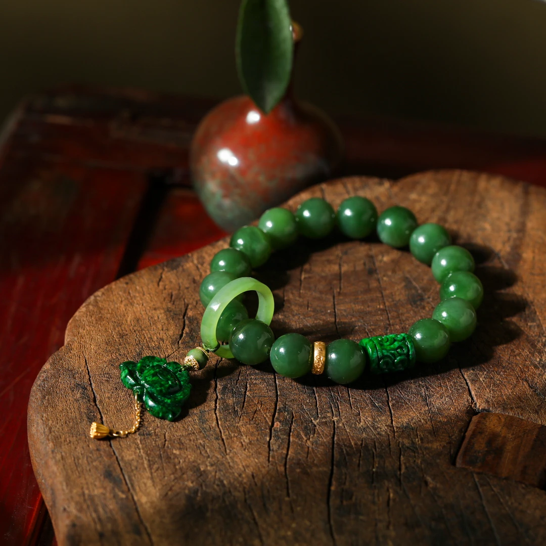 【意婵】天然典藏级老料和田碧玉单圈18K金翡翠雕花-908990