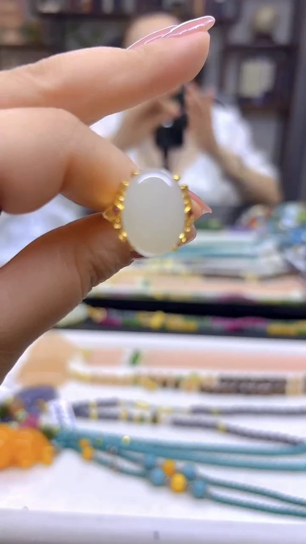 和田玉戒指银S925镀金镶嵌DIY款J95