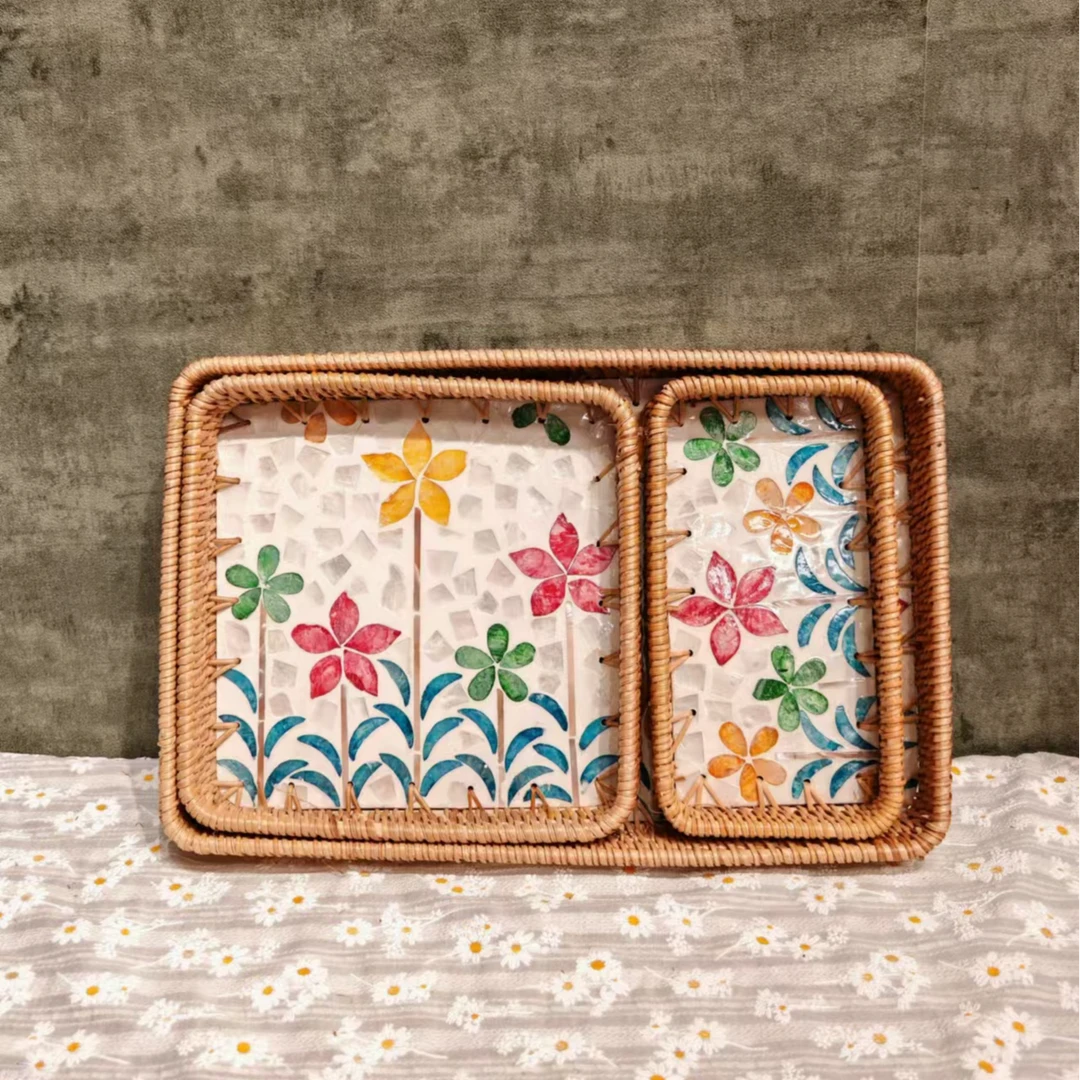 H越南真藤38*24*4长方小花园贝壳盘桌面茶几收纳茶杯水杯盘三件套