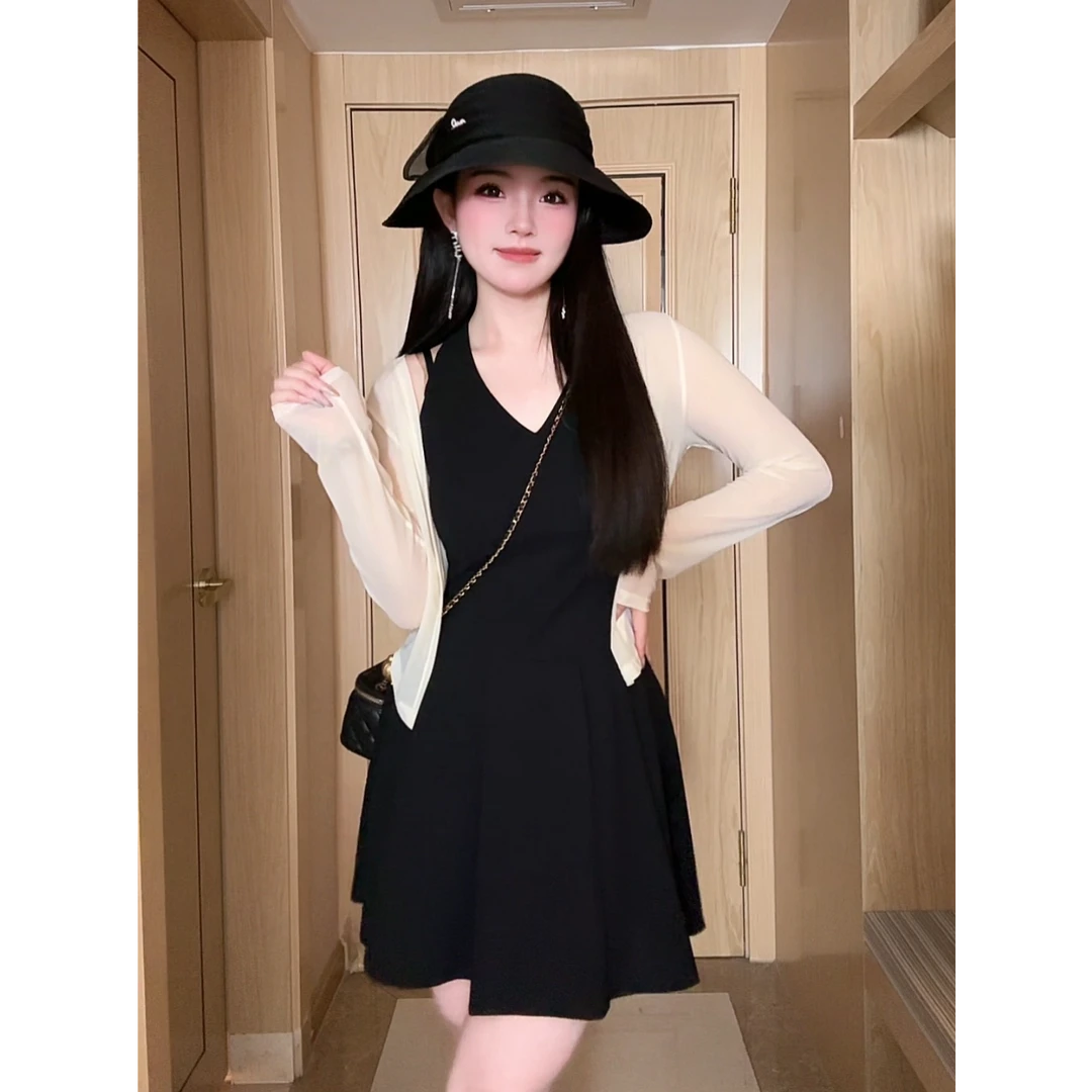 【现货】夏季两件套收腰显瘦v领吊带裙时尚法式纯欲连衣裙05041