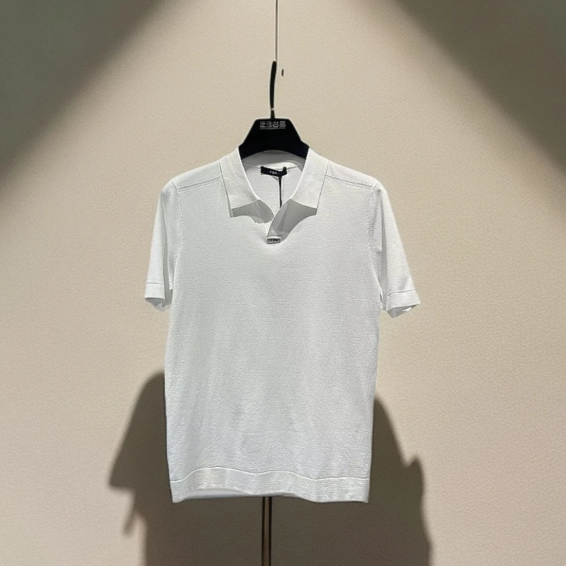 2025新款男士夏季高端商务轻奢时尚伊力特针织短袖V领翻领男款