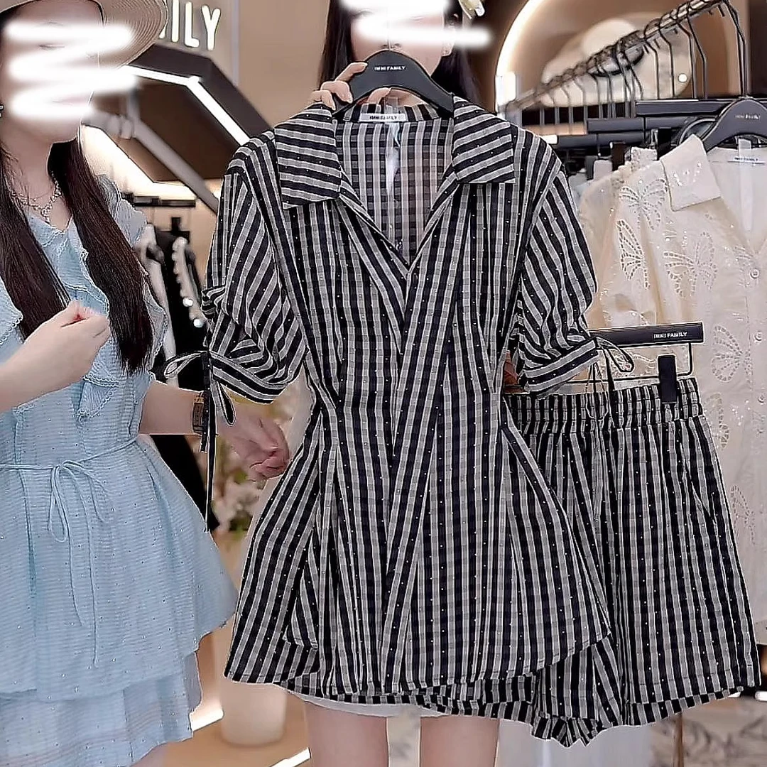 韩版设计感减龄时尚套装女夏季新款条纹衬衫搭短裤气质两件套2047